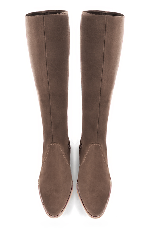 Chocolate brown women's riding knee-high boots. Round toe. Low leather soles. Made to measure. Top view - Florence KOOIJMAN